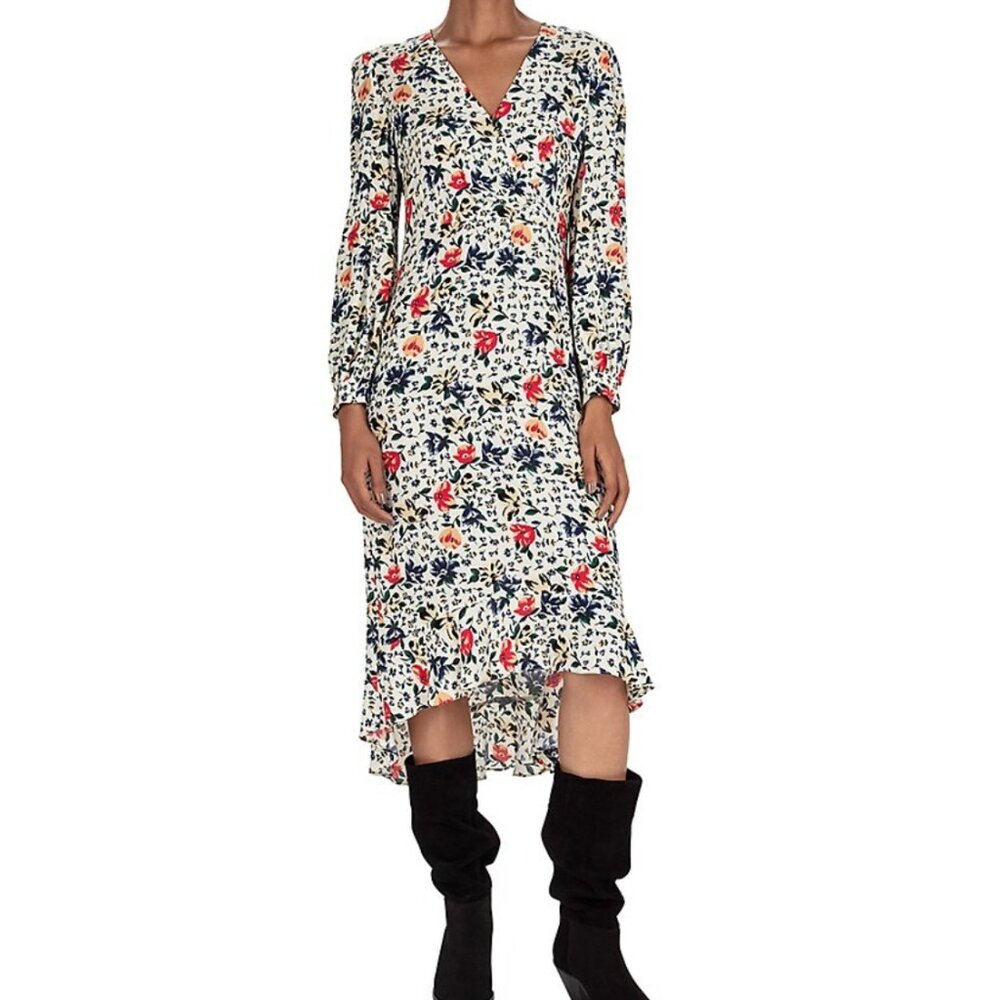 BA&SH Paloma Floral Midi Dress White Faux Wrap High Low Boho Small